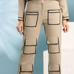 Beige Black Pockets Pants