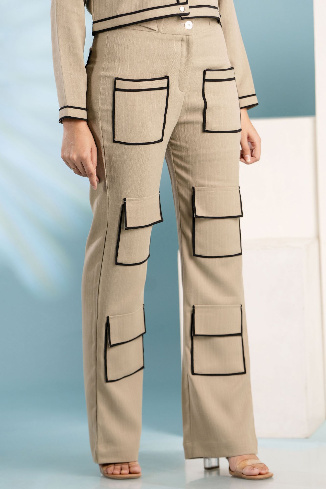 Beige Black Pockets Pants