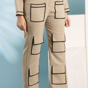 Beige Black Pockets Pants