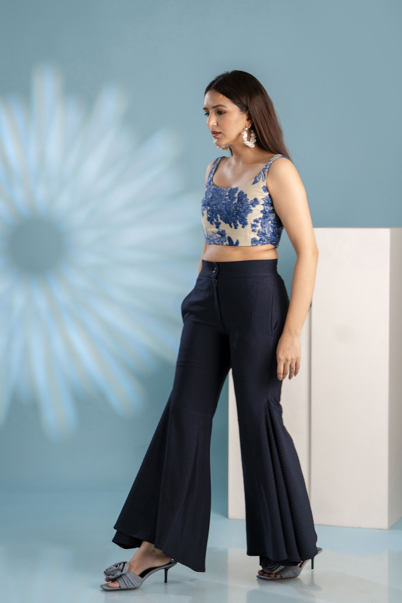 Blue Self Striped Sharara Pants