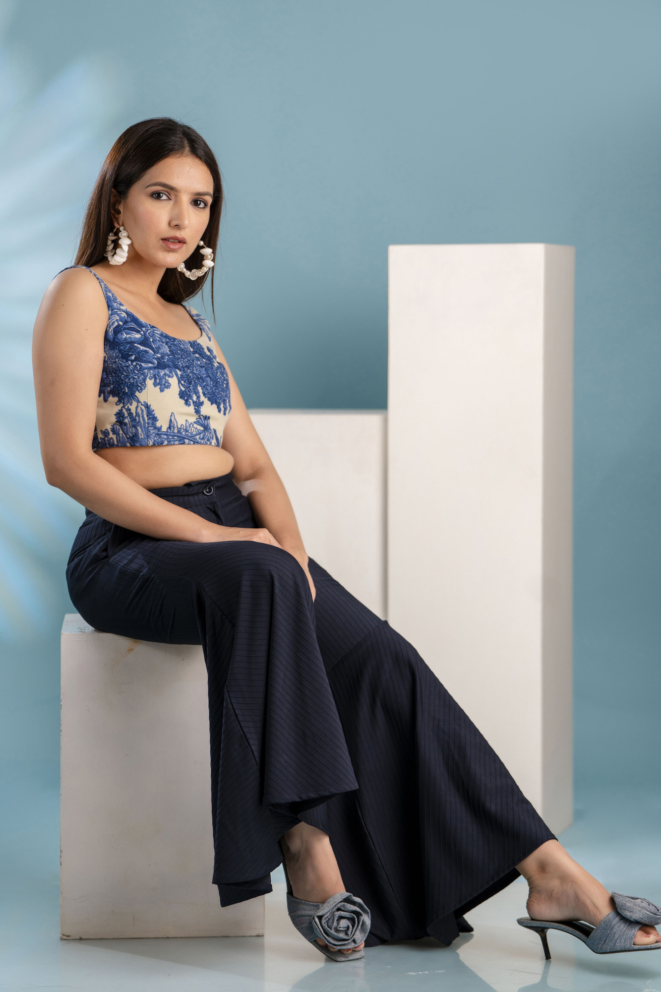 Blue Self Striped Sharara Pants