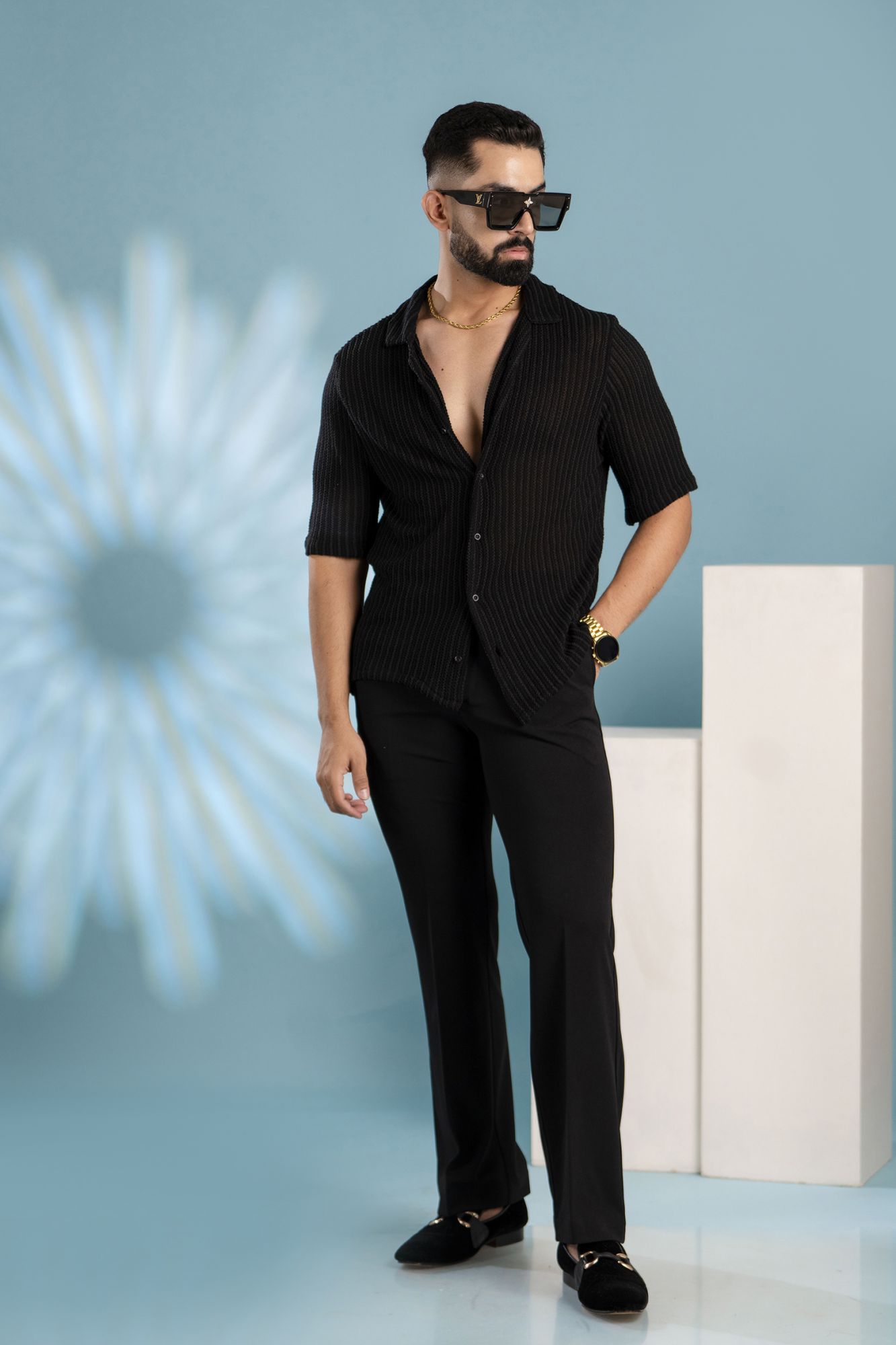 Black Striped Crochet Shirt