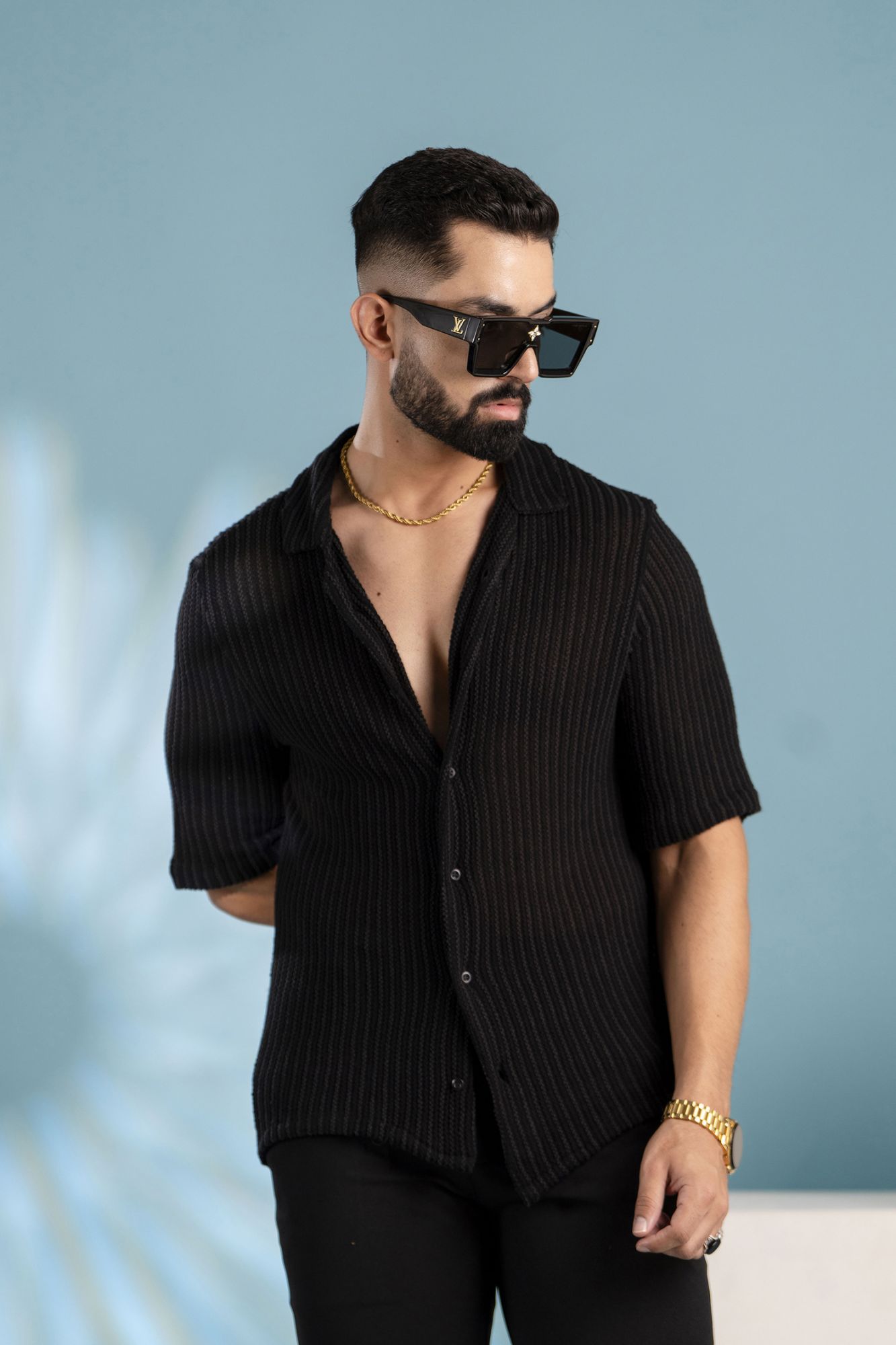 Black Striped Crochet Shirt