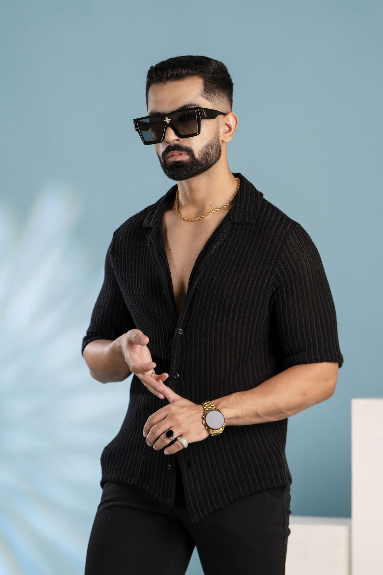 Black Striped Crochet Shirt