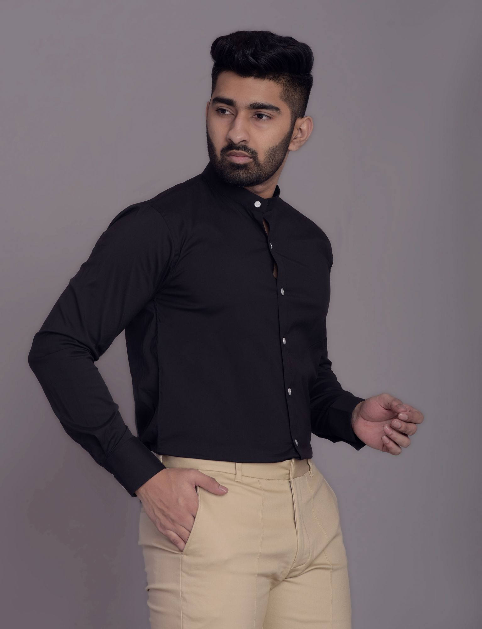 Mens Mandarin Slim Shirt in Zed Black