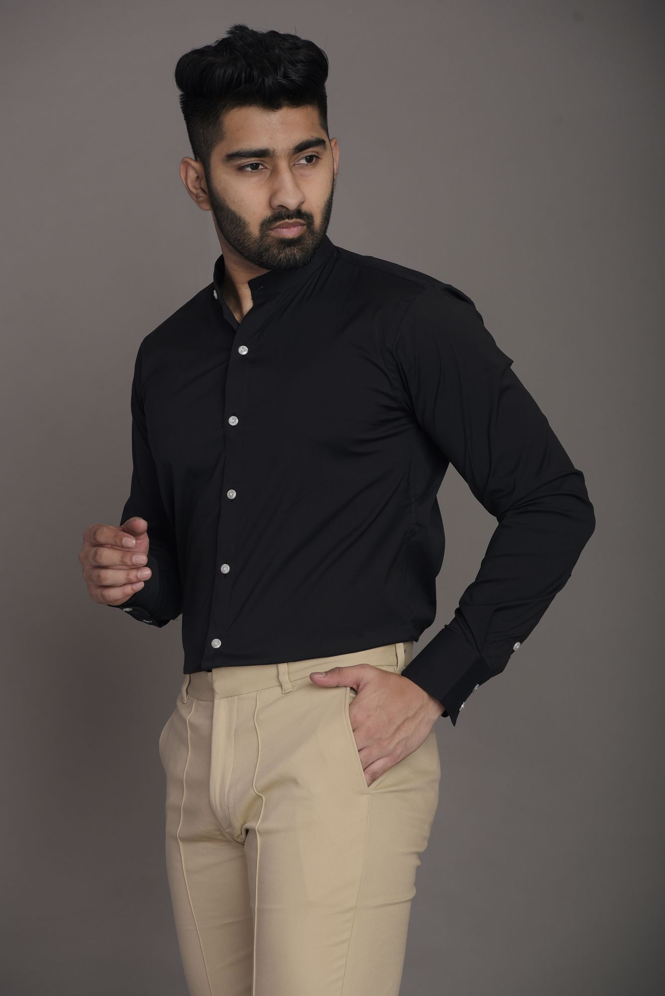 Mens Mandarin Slim Shirt in Zed Black