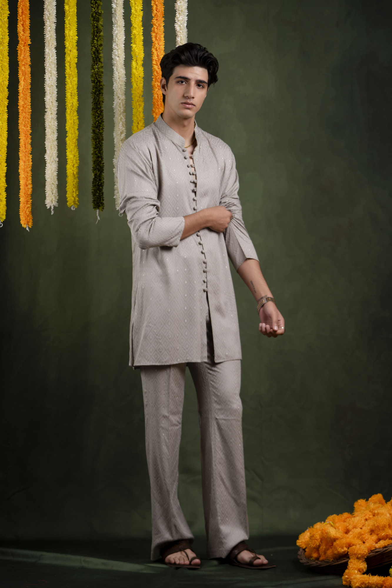 Grey Self Work Open Kurta