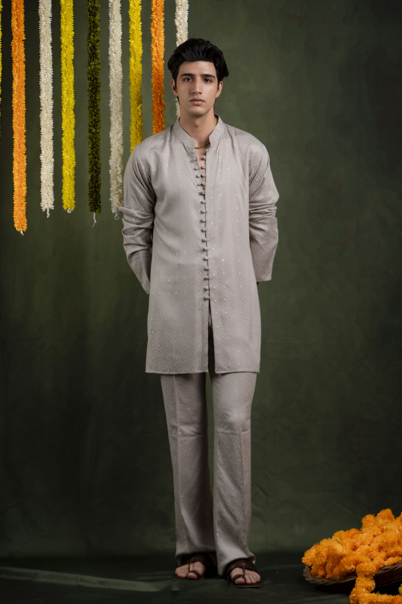 Grey Self Work Open Kurta