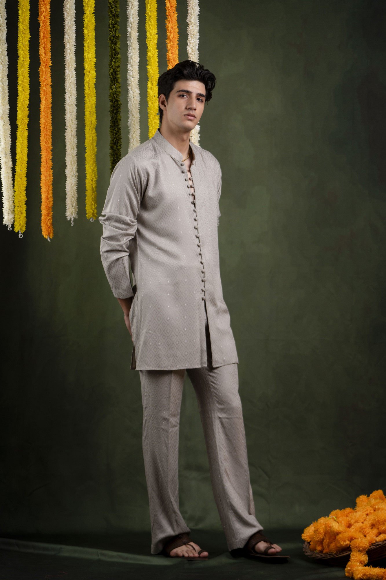Grey Self Work Open Kurta