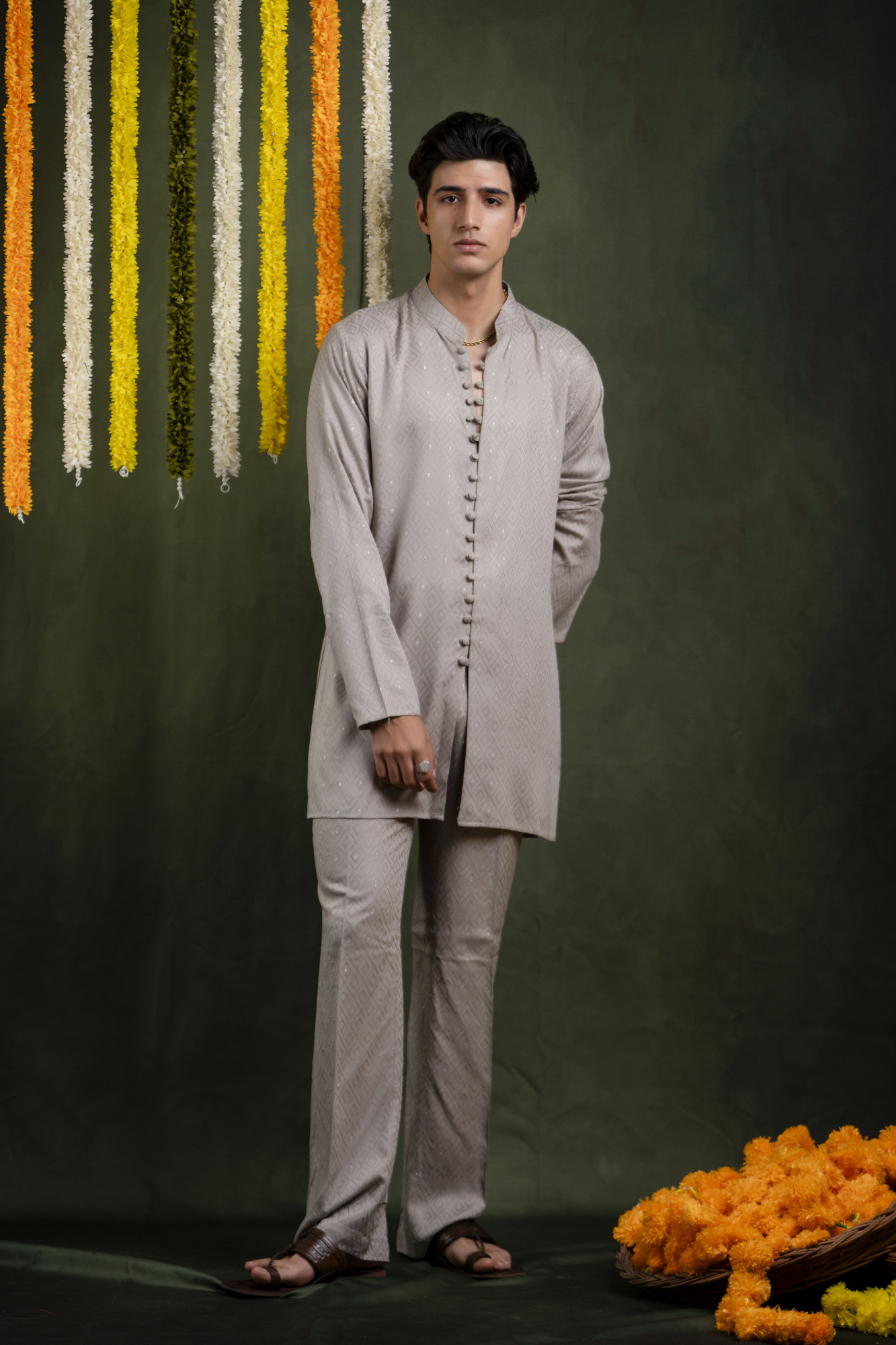 Grey Self Work Open Kurta
