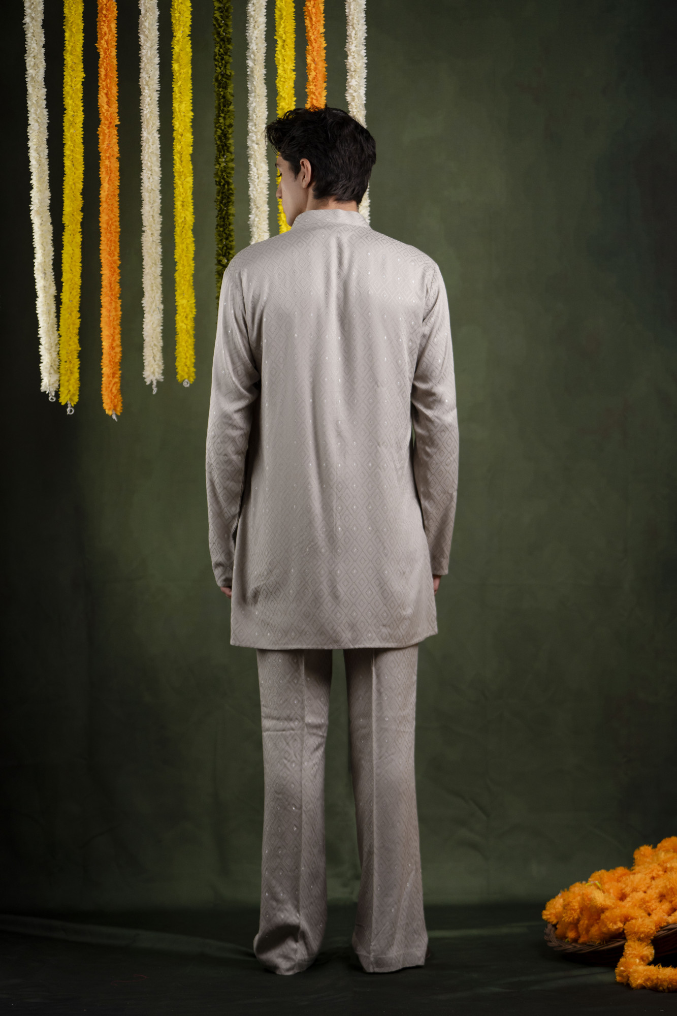 Grey Self Work Open Kurta