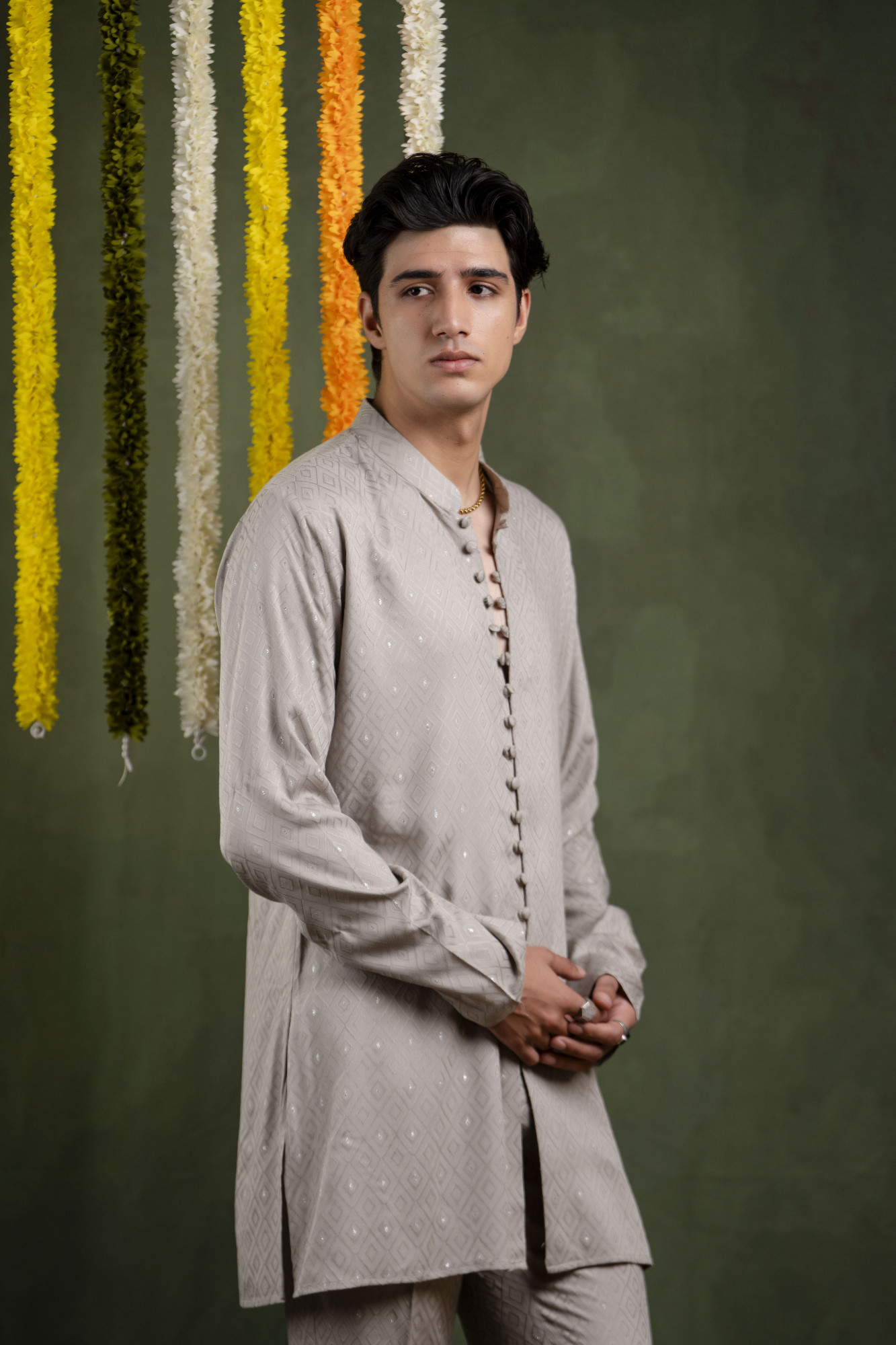 Grey Self Work Open Kurta