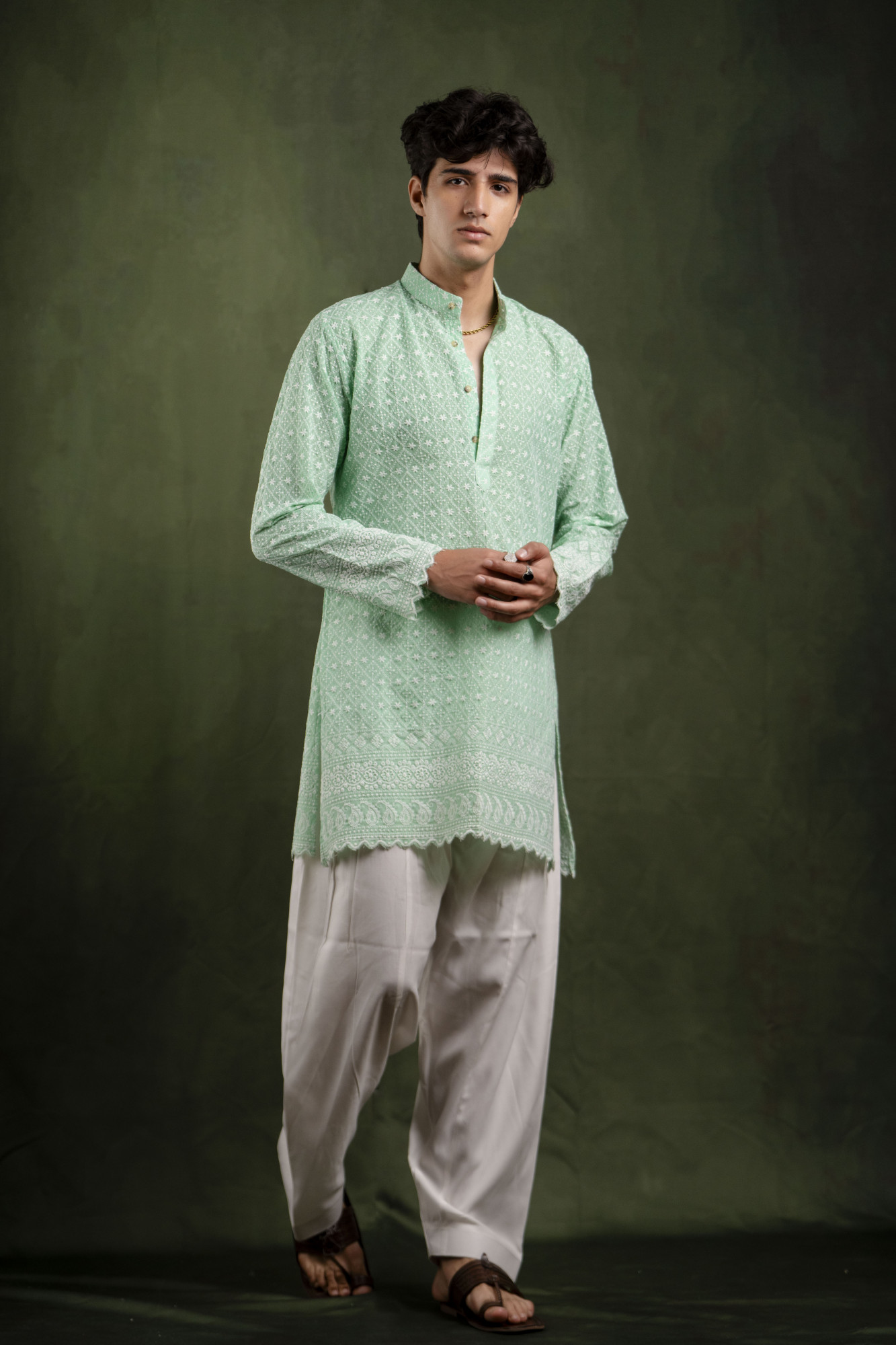 Embroidered Kurta In Mint Green