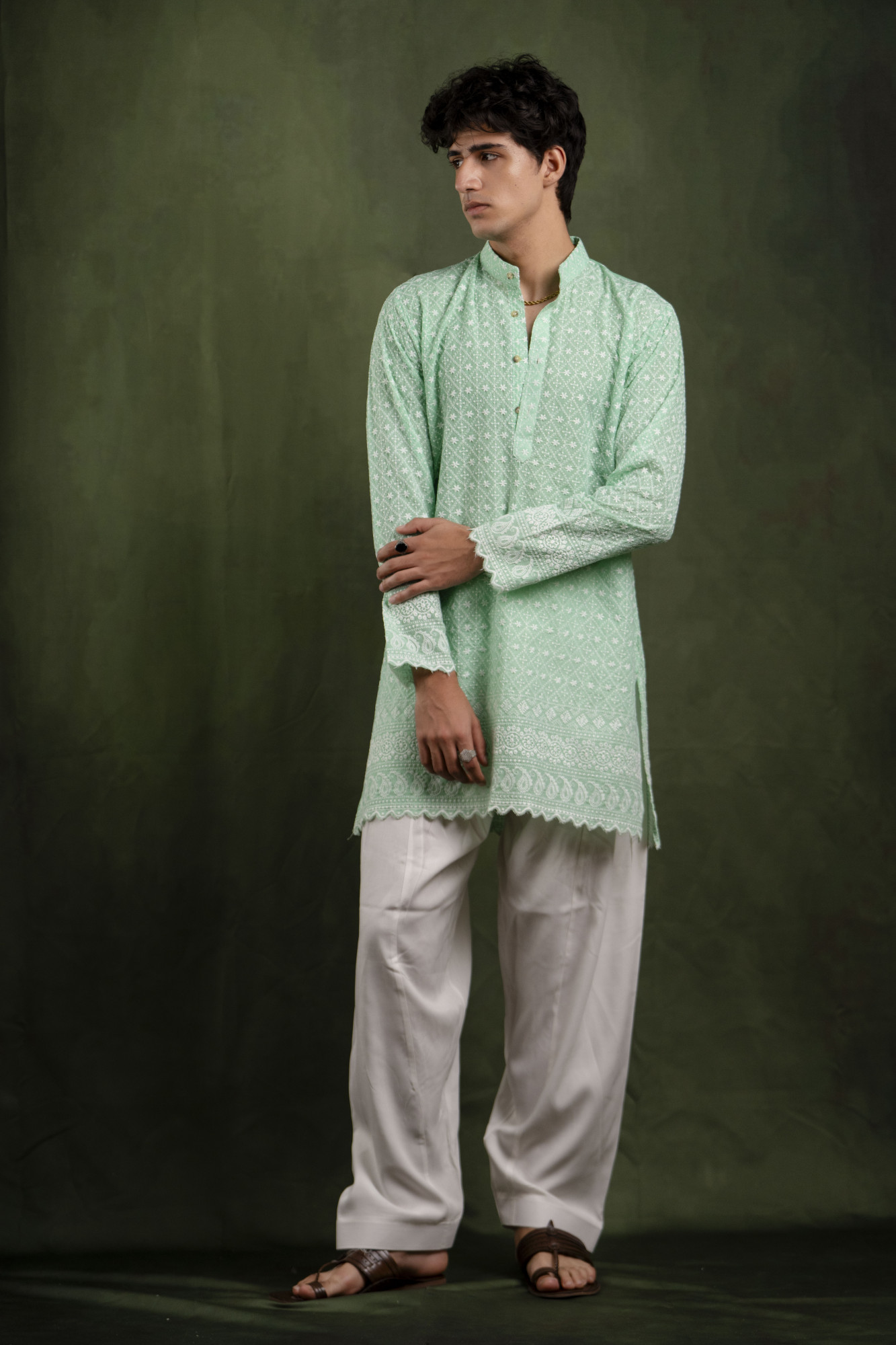 Embroidered Kurta In Mint Green