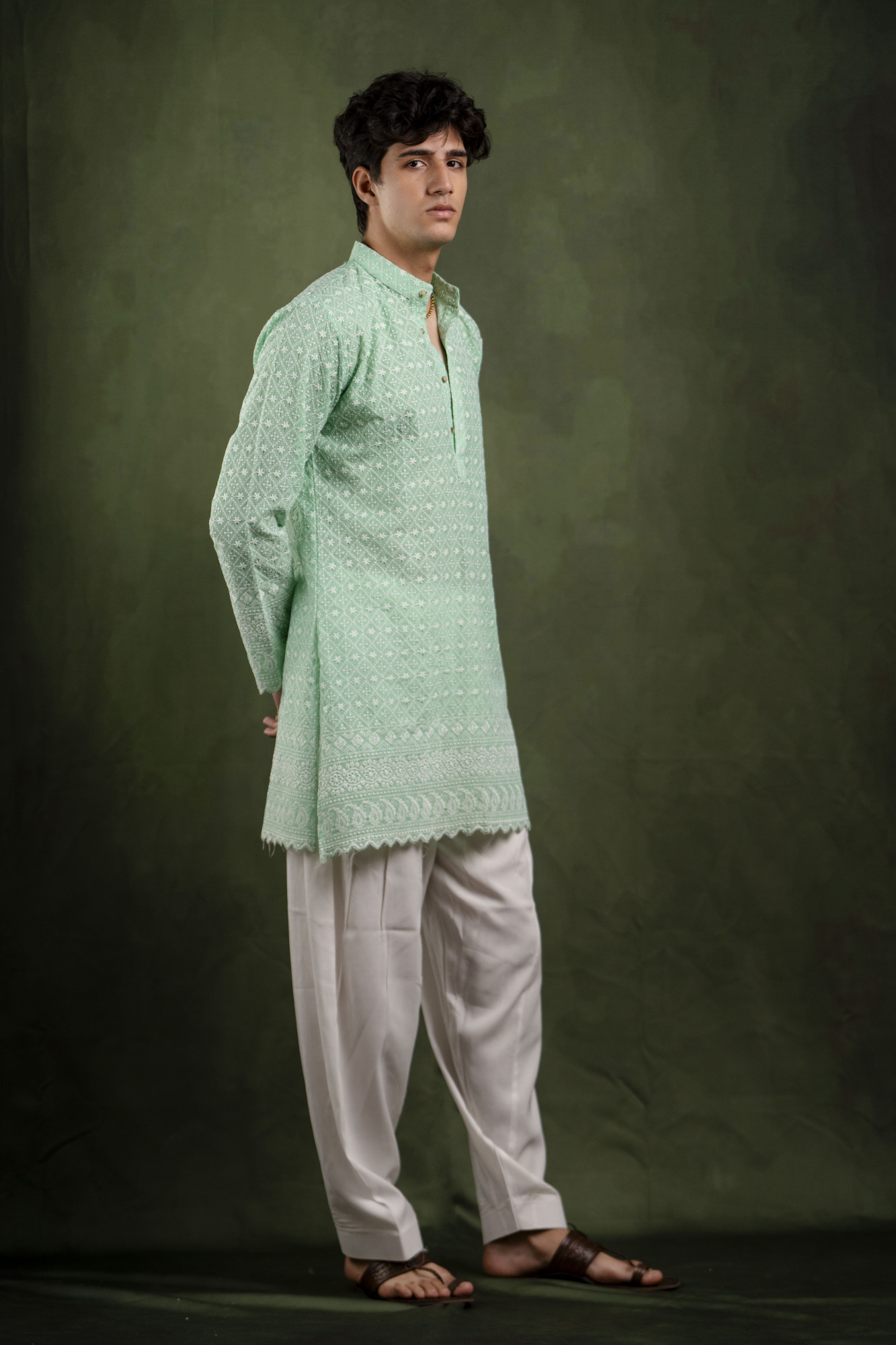Embroidered Kurta In Mint Green