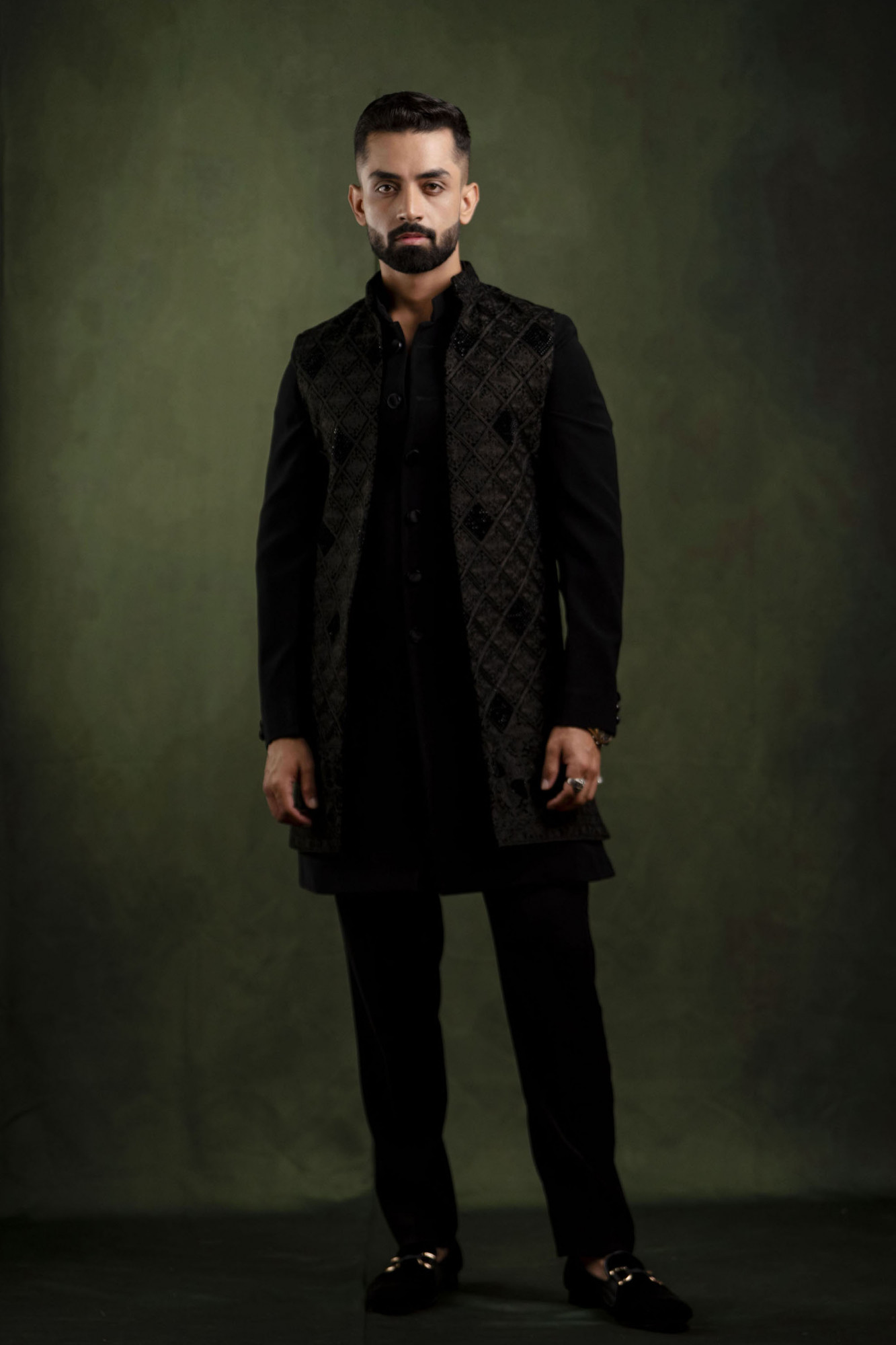 Black Velvet Embroidered Open Jacket