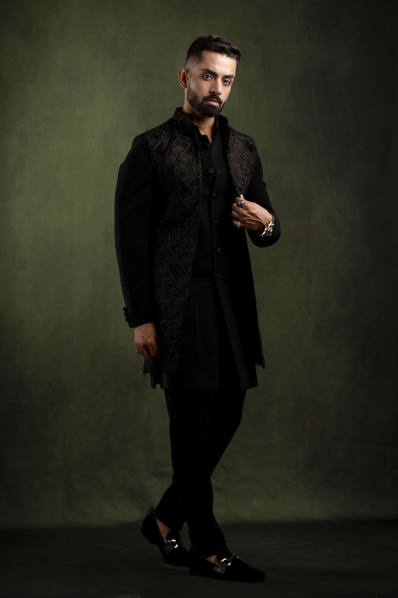 Black Velvet Embroidered Open Jacket