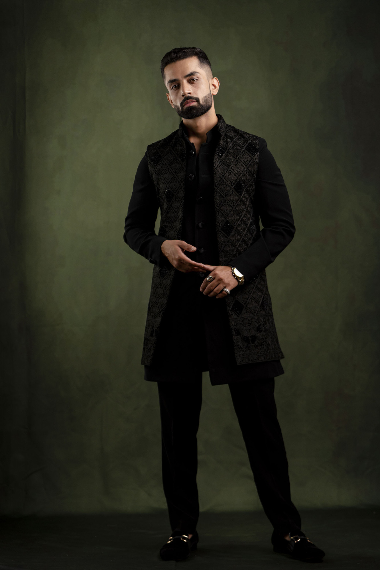 Black Velvet Embroidered Open Jacket