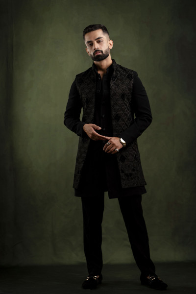 Black Velvet Embroidered Open Jacket