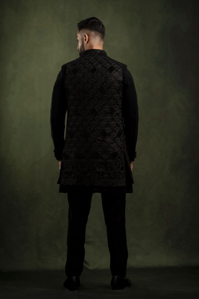 Black Velvet Embroidered Open Jacket