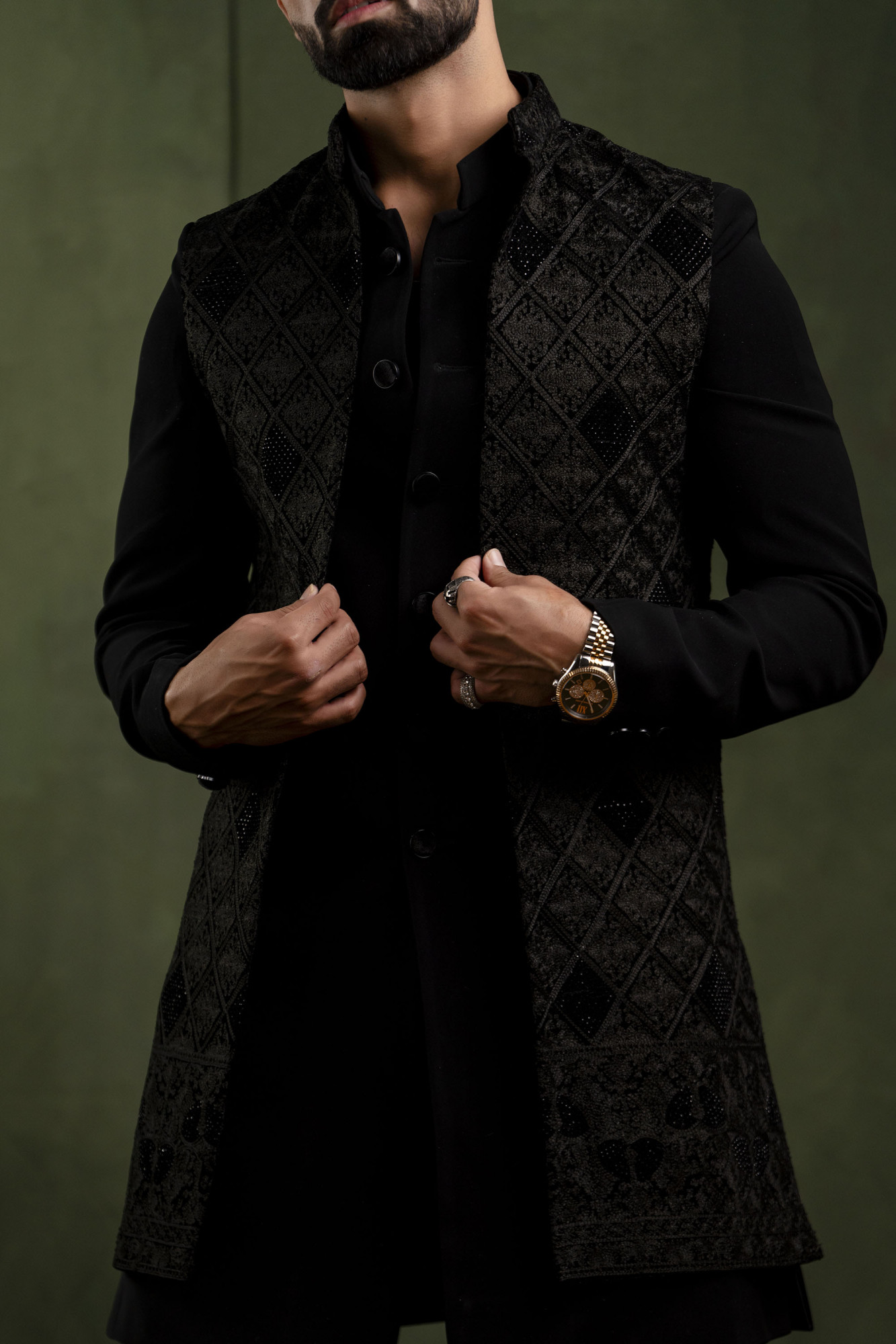 Black Velvet Embroidered Open Jacket