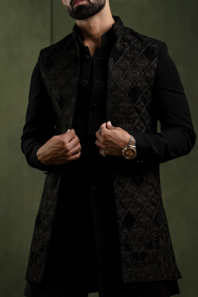 Black Velvet Embroidered Open Jacket