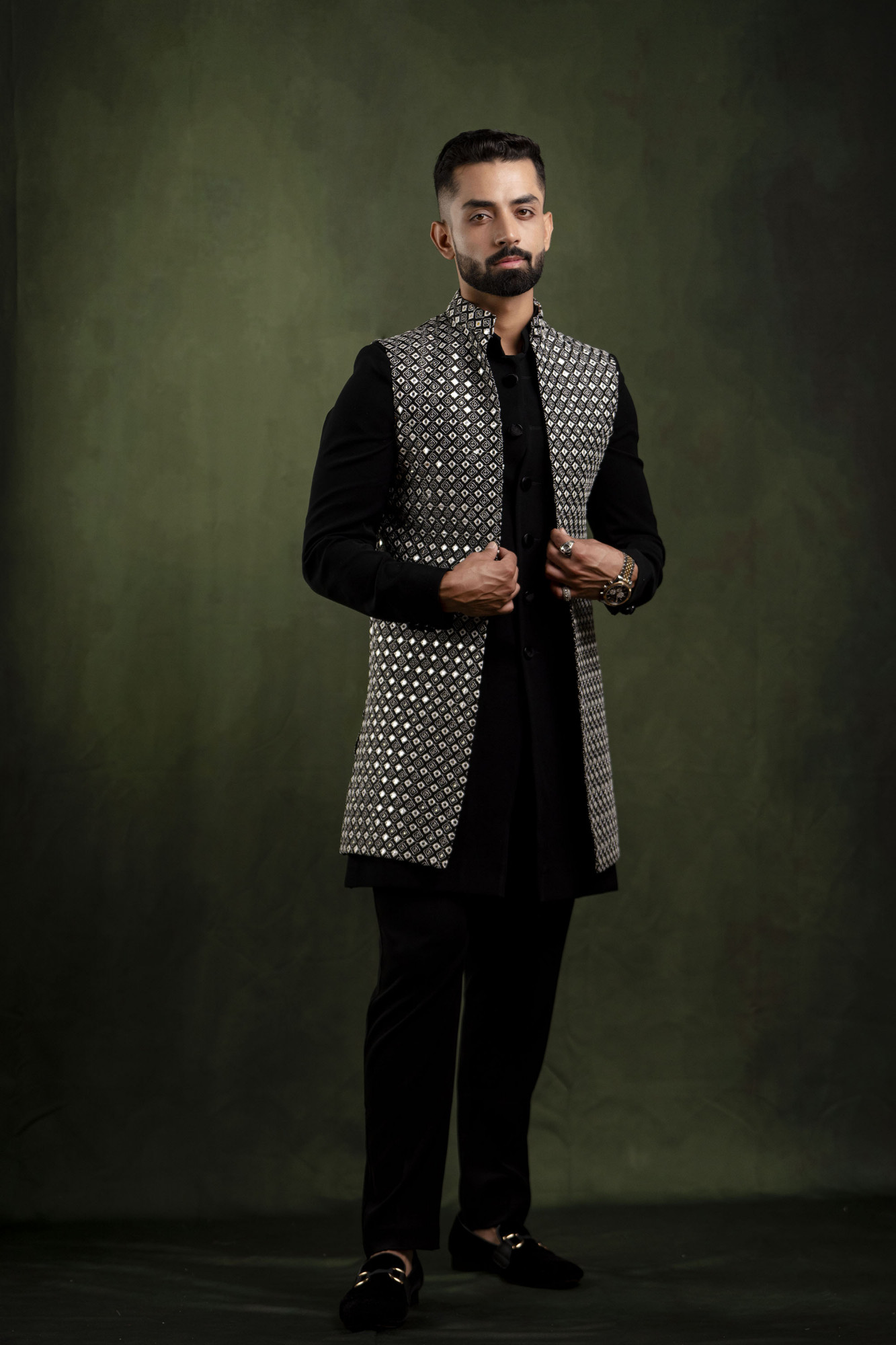 Black n White Mirror Work Open Jacket