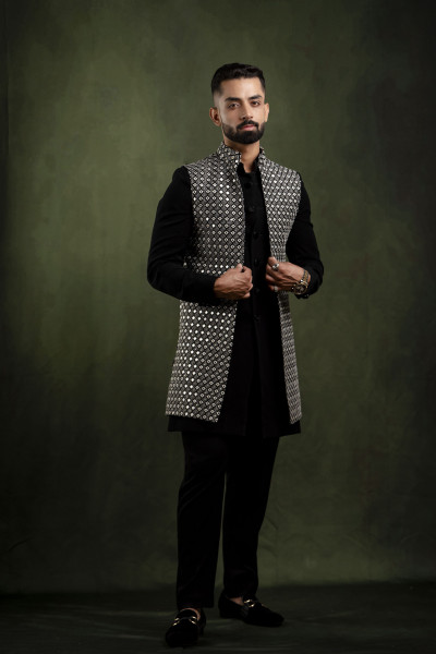 Black n White Mirror Work Open Jacket