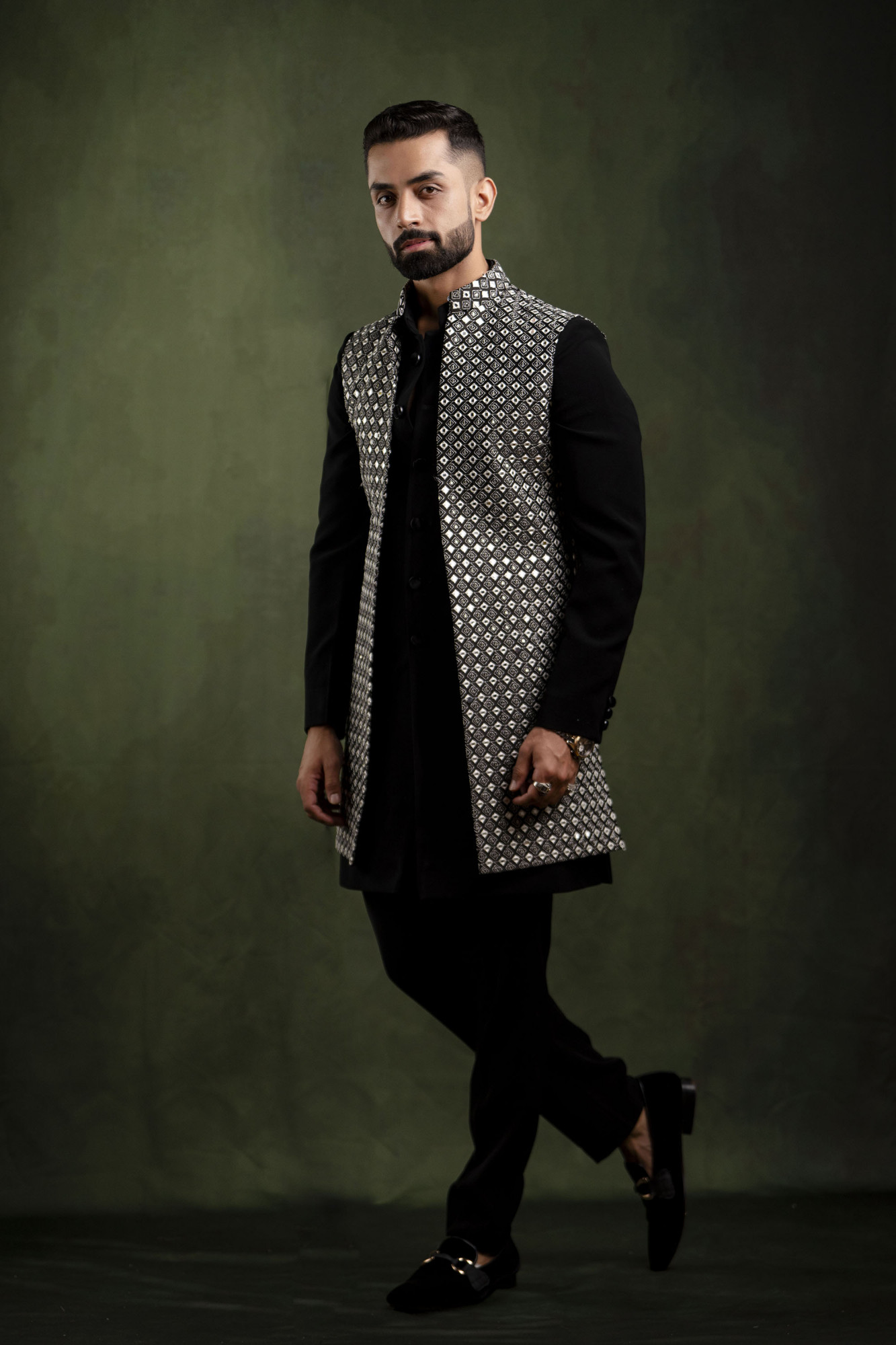 Black n White Mirror Work Open Jacket