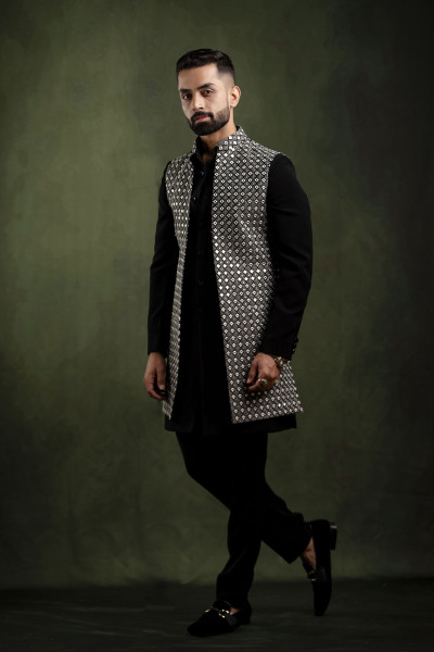 Black n White Mirror Work Open Jacket