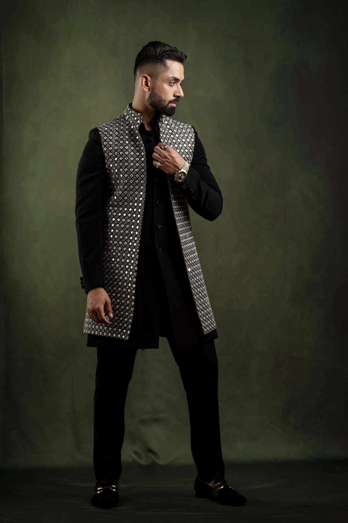 Black n White Mirror Work Open Jacket