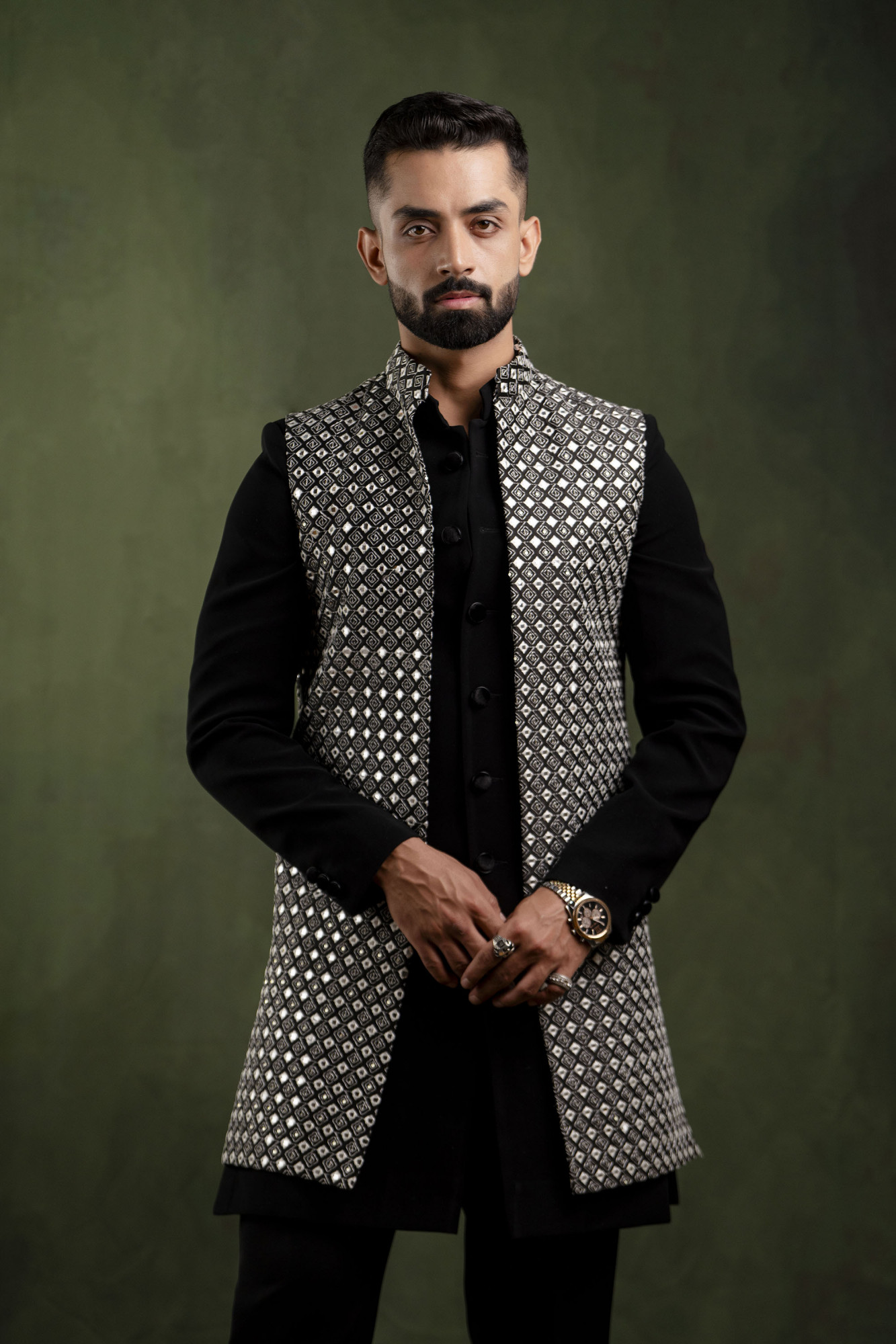 Black n White Mirror Work Open Jacket