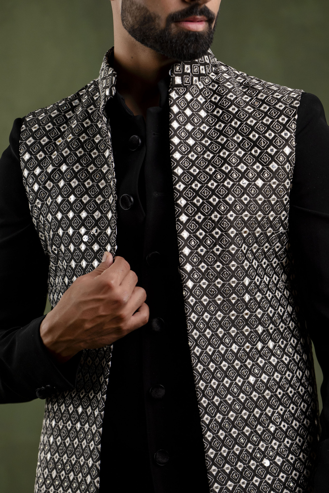 Black n White Mirror Work Open Jacket