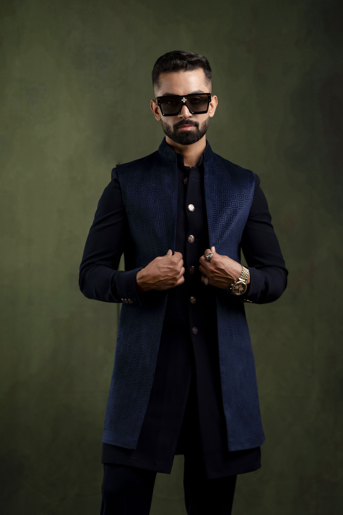 Self Textured Open Jacket in Blue Velvet