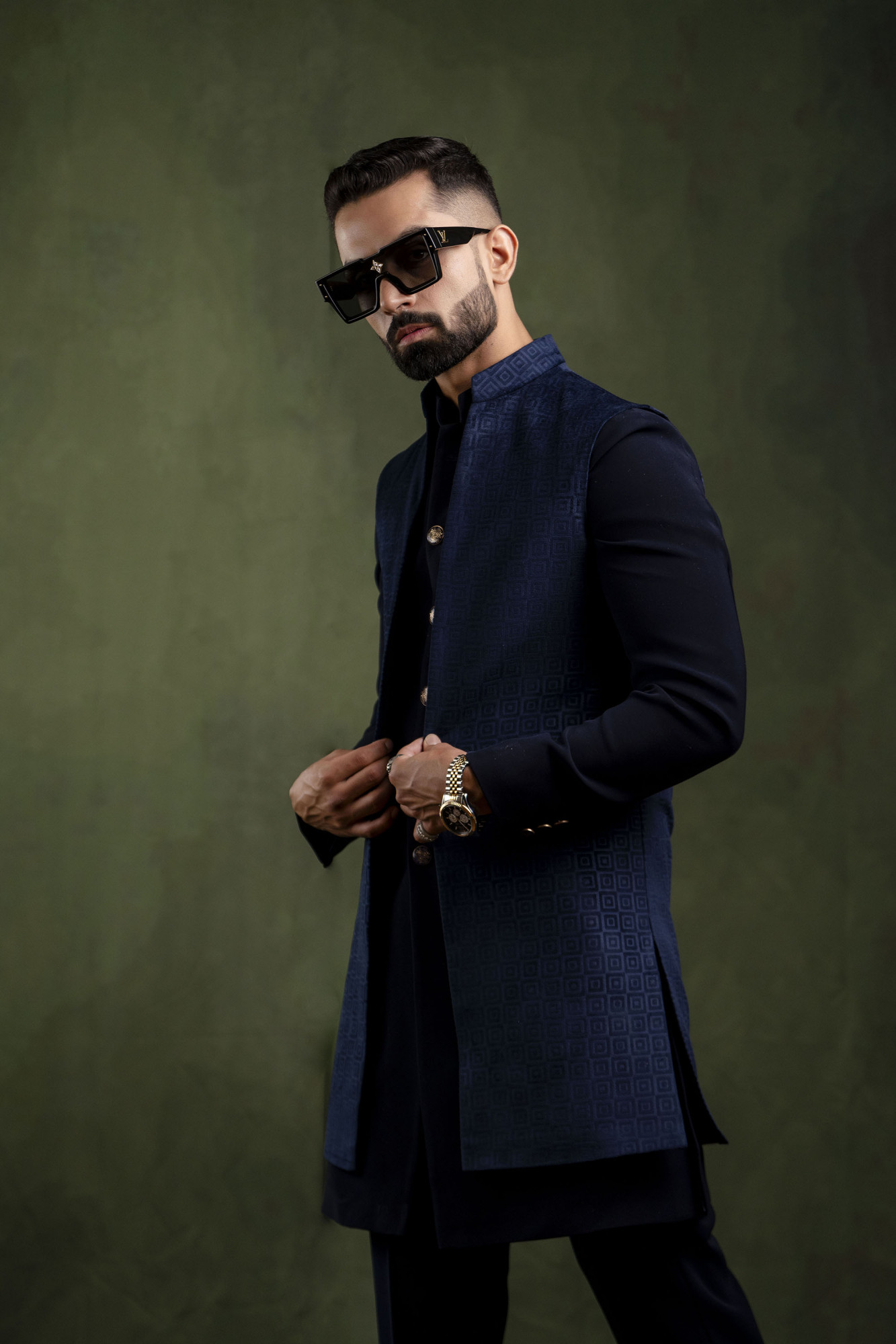 Self Textured Open Jacket in Blue Velvet