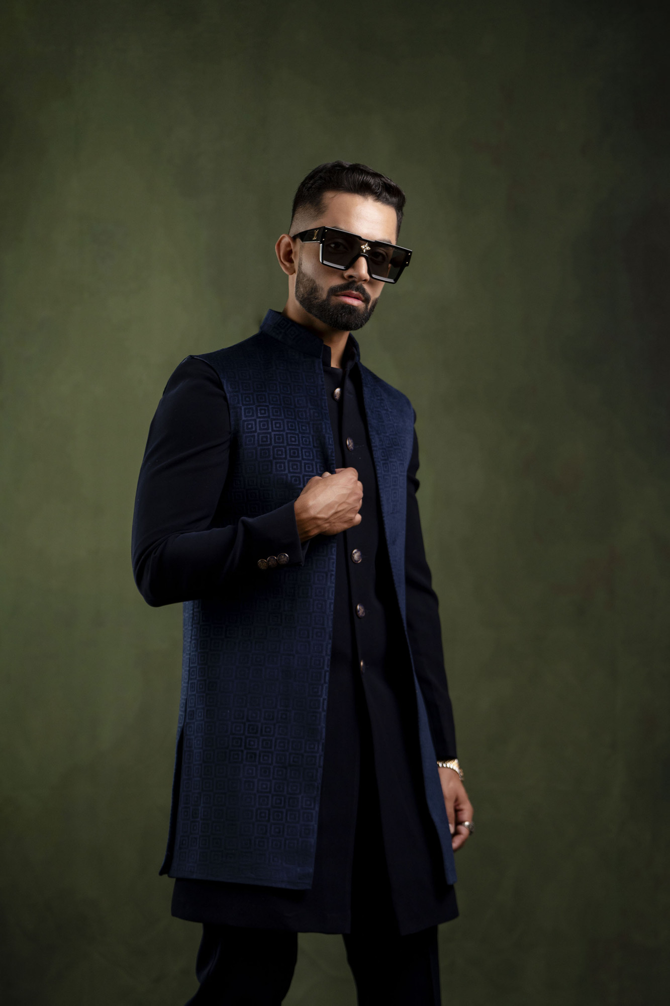 Self Textured Open Jacket in Blue Velvet