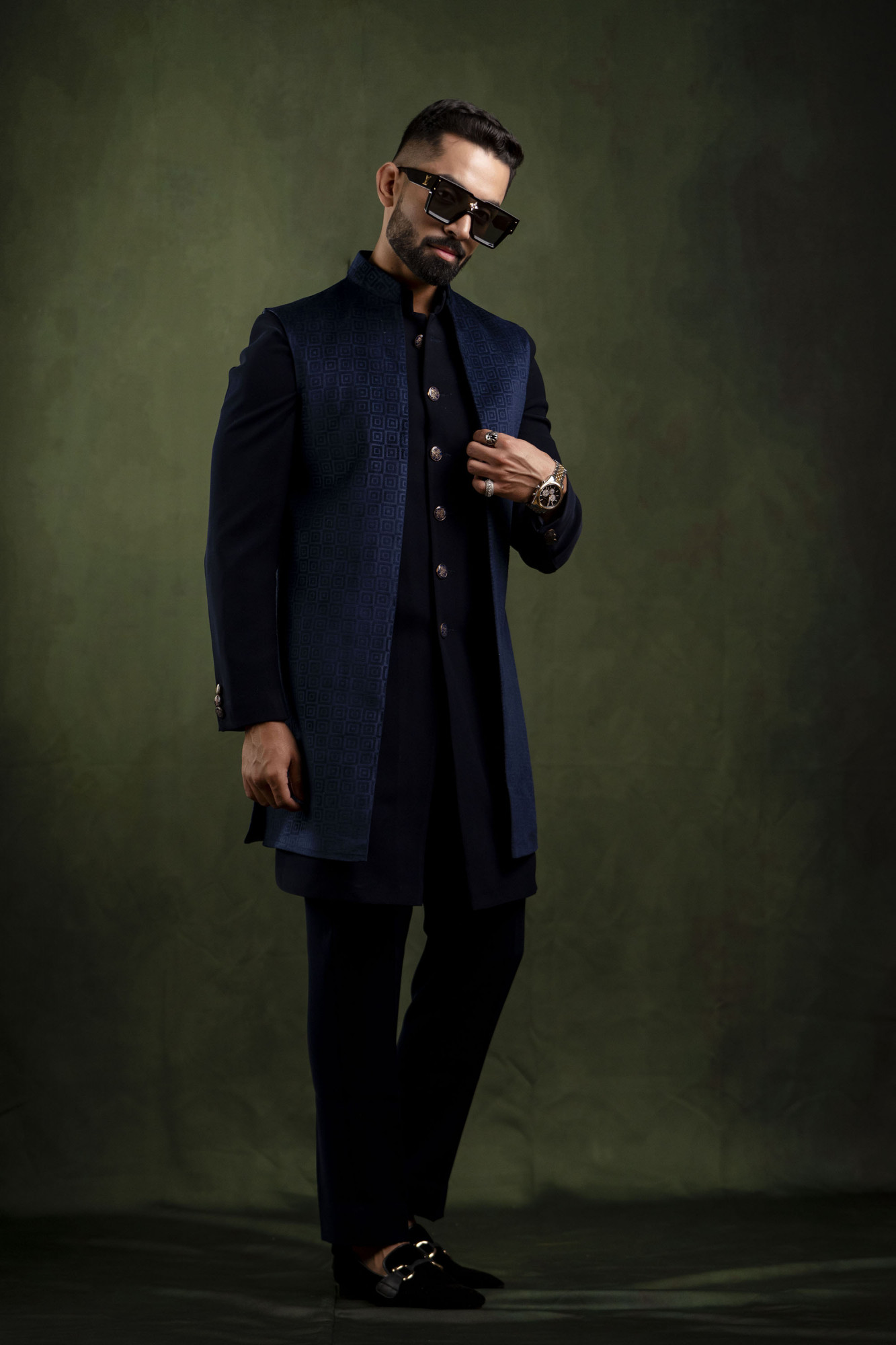 Self Textured Open Jacket in Blue Velvet