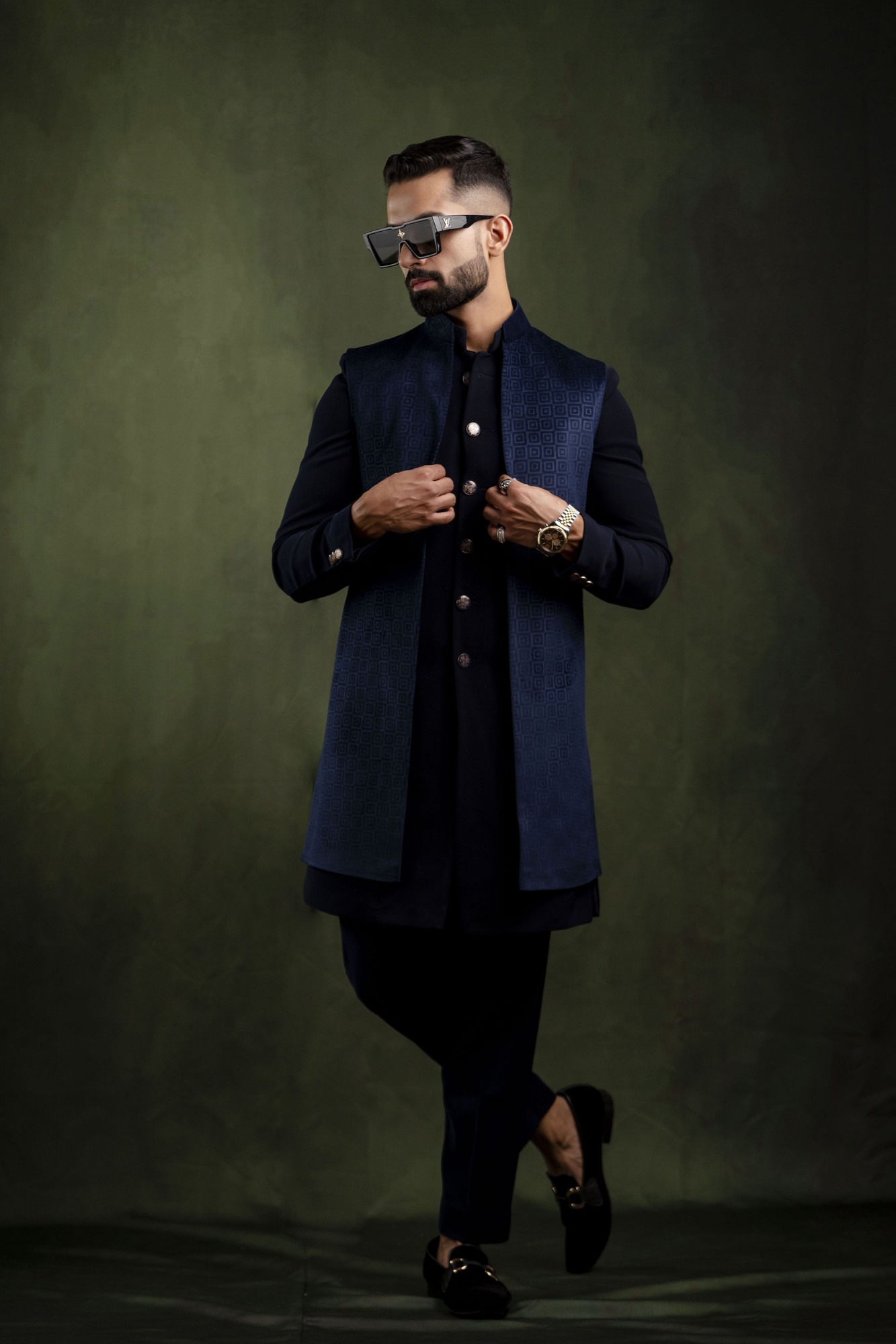 Self Textured Open Jacket in Blue Velvet