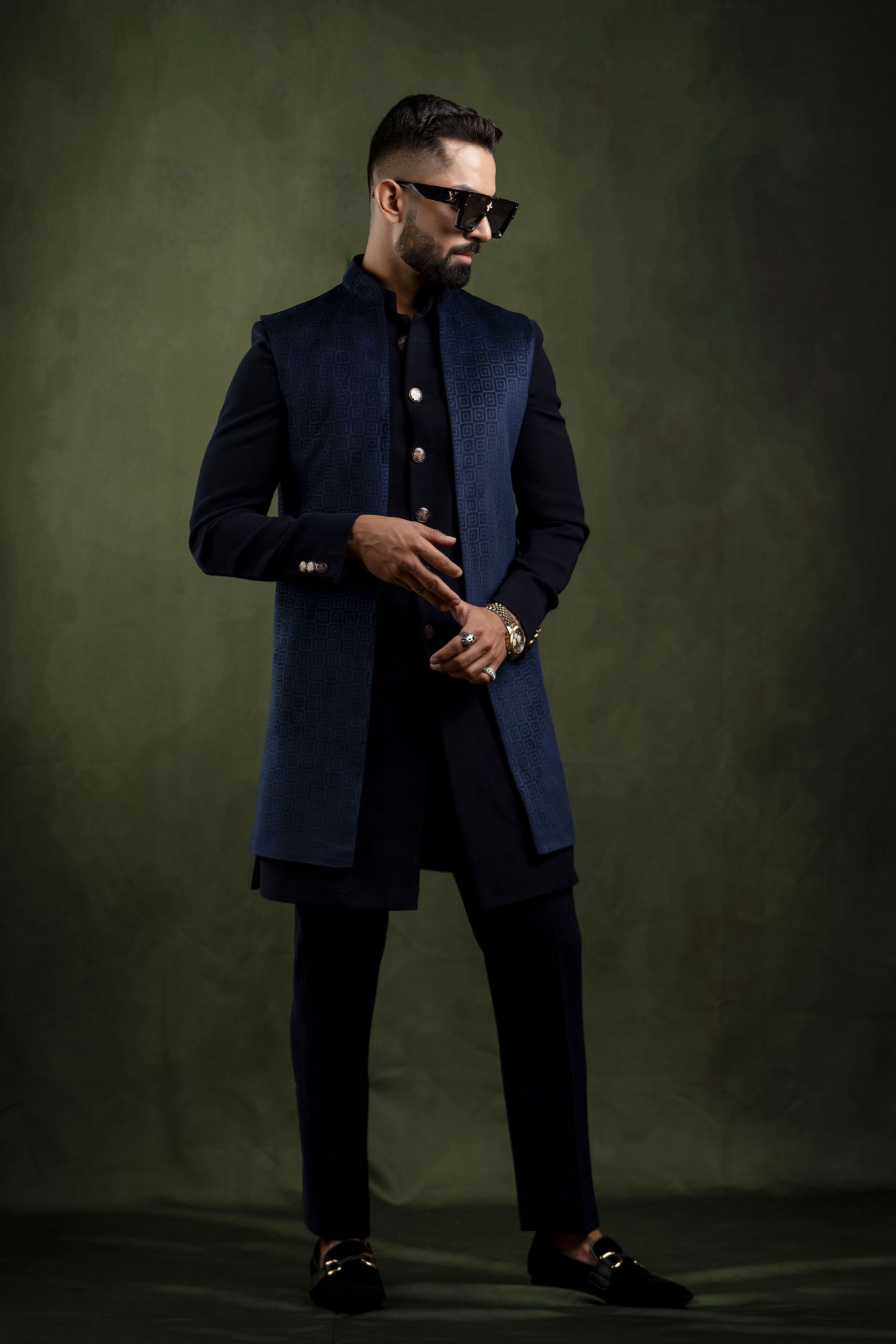 Self Textured Open Jacket in Blue Velvet