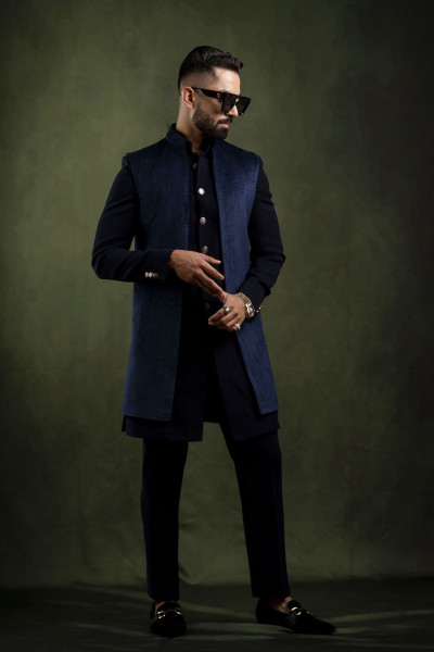 Self Textured Open Jacket in Blue Velvet