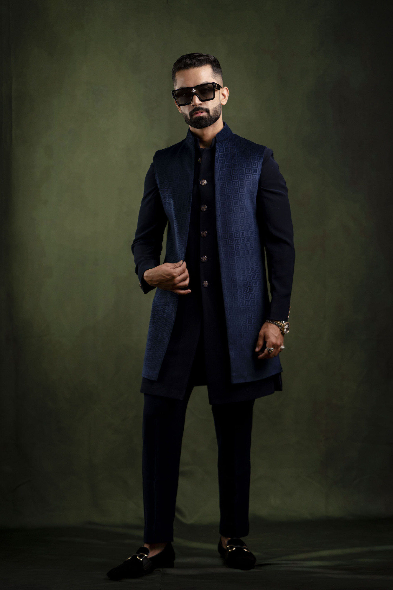 Self Textured Open Jacket in Blue Velvet