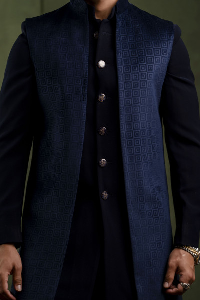 Self Textured Open Jacket in Blue Velvet