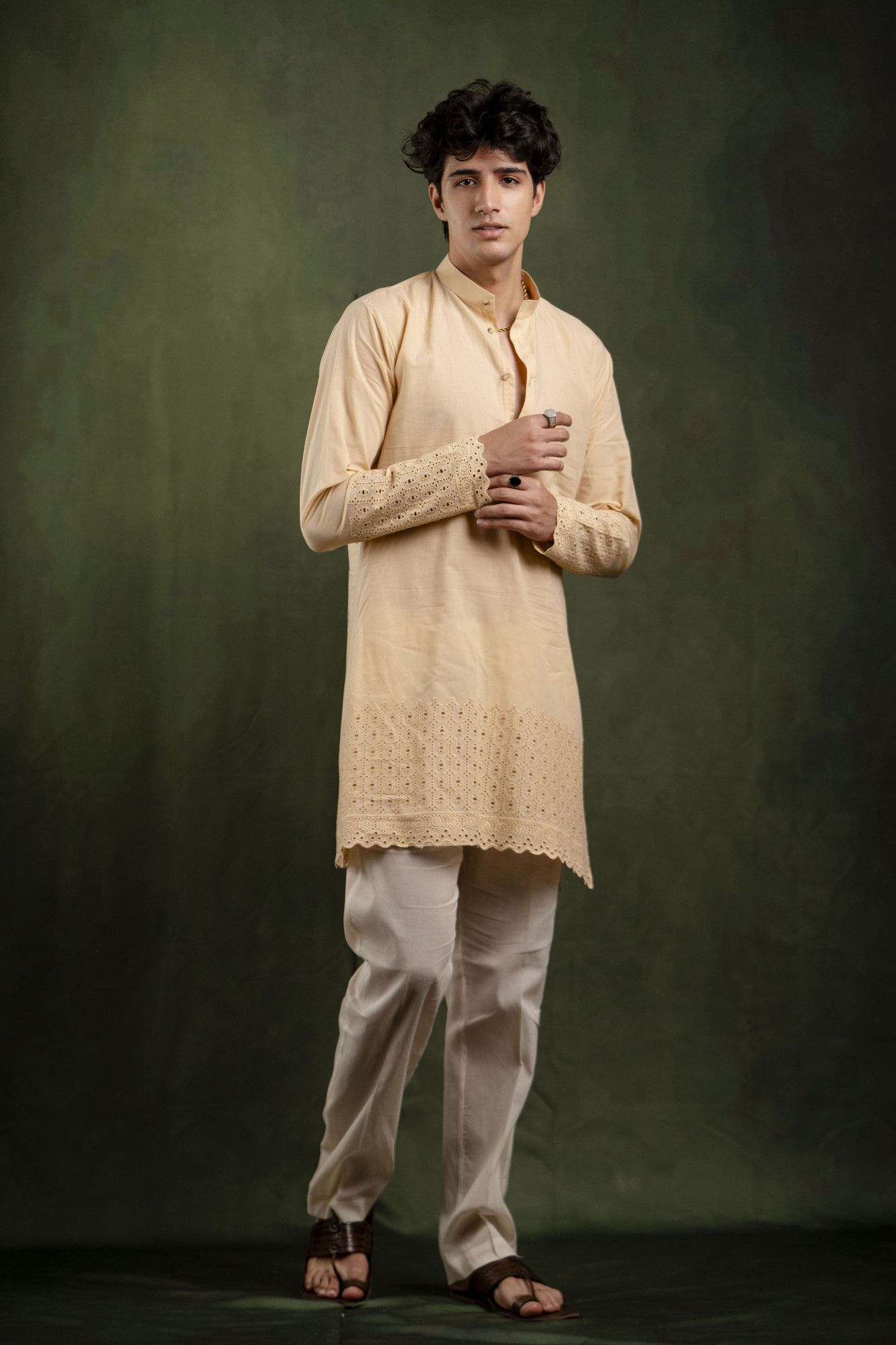 Schiffli Border Kurta In Brown