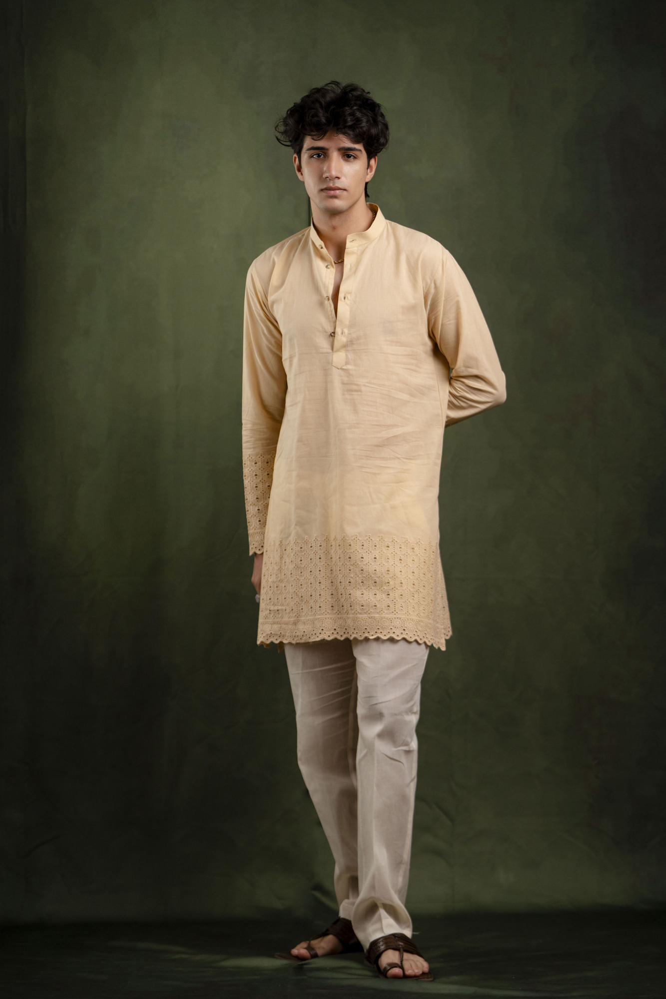 Schiffli Border Kurta In Brown