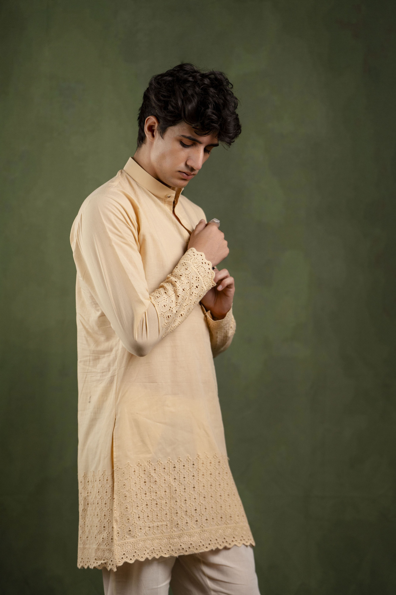 Schiffli Border Kurta In Brown