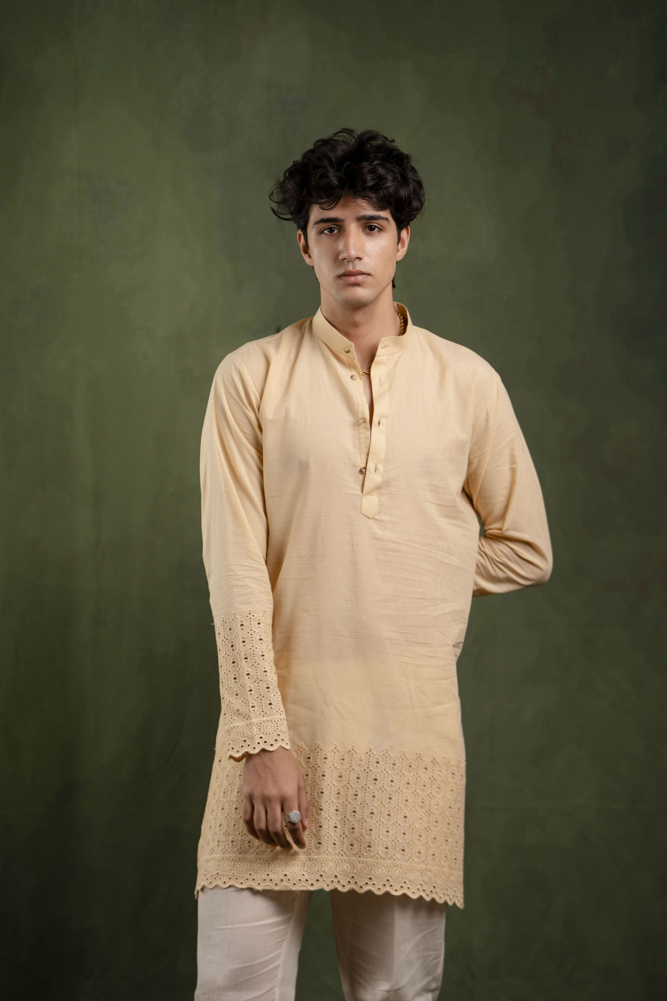 Schiffli Border Kurta In Brown