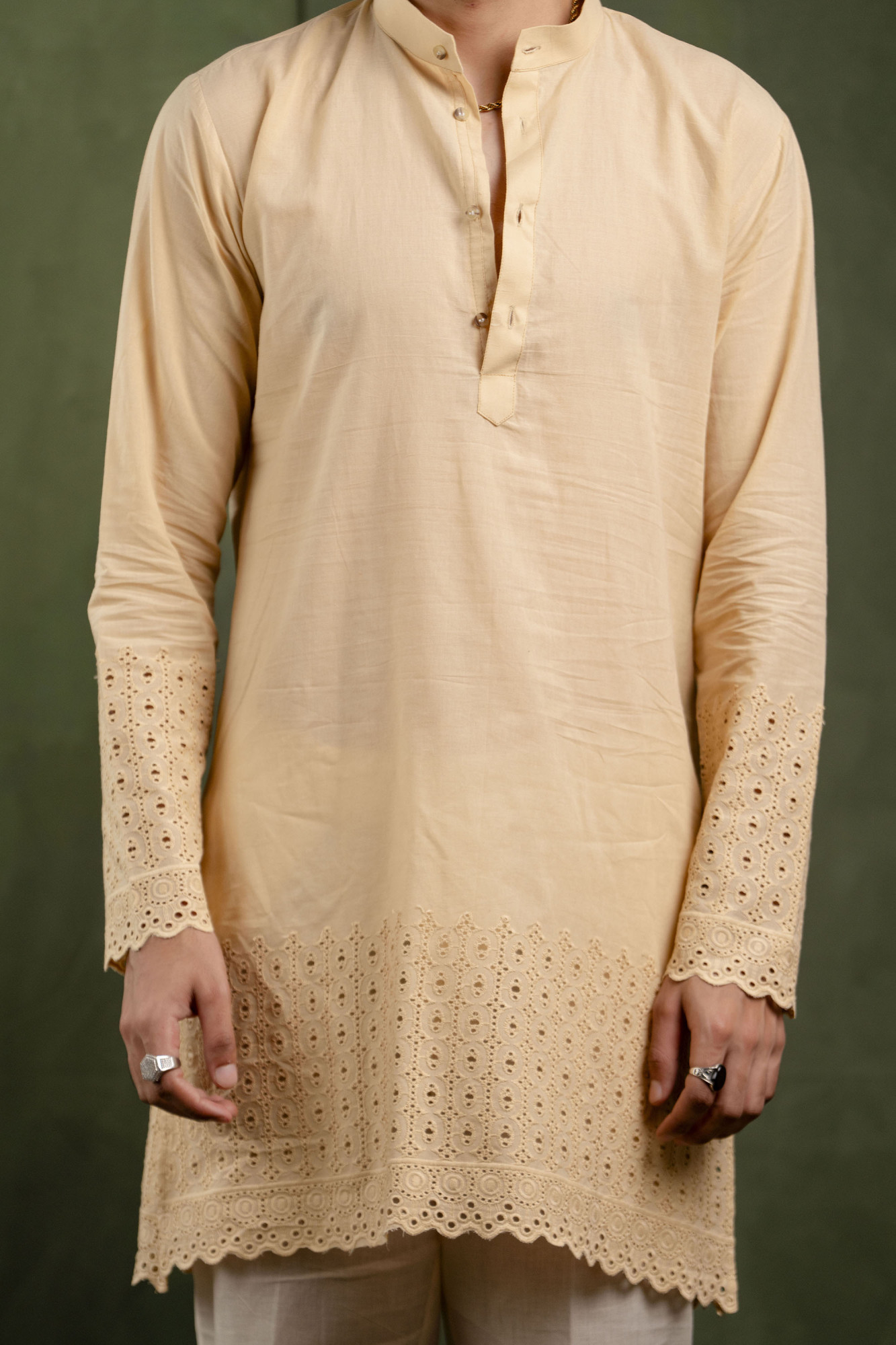 Schiffli Border Kurta In Brown