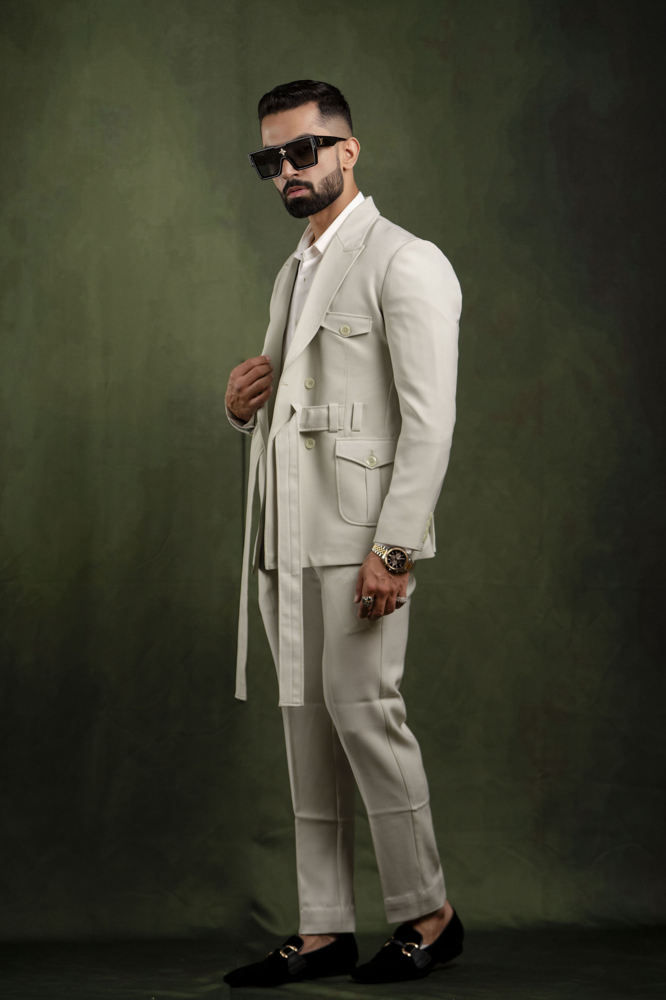 Off Green Belted Tuxedo Blazer