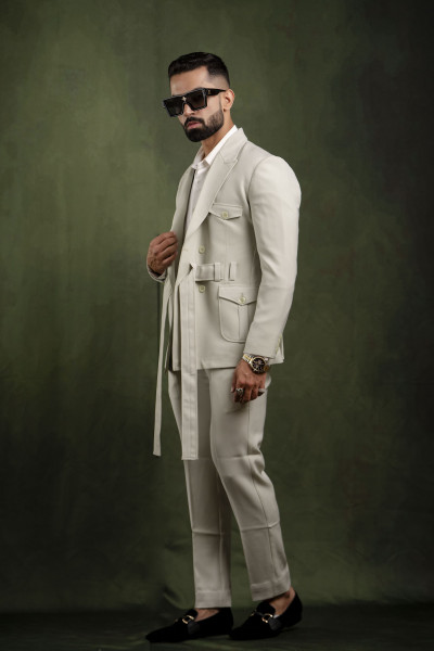Off Green Belted Tuxedo Blazer