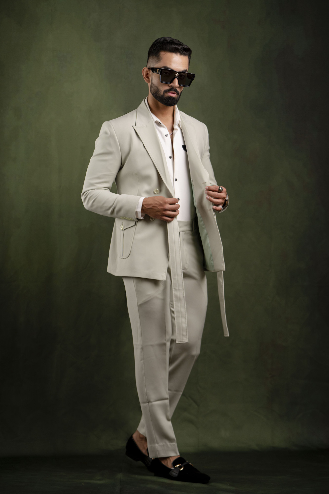 Off Green Belted Tuxedo Blazer